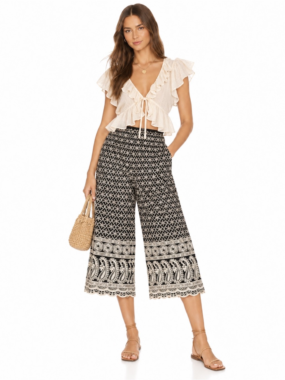 Women's Black & Cream Printed Wide-Leg Crop Pants